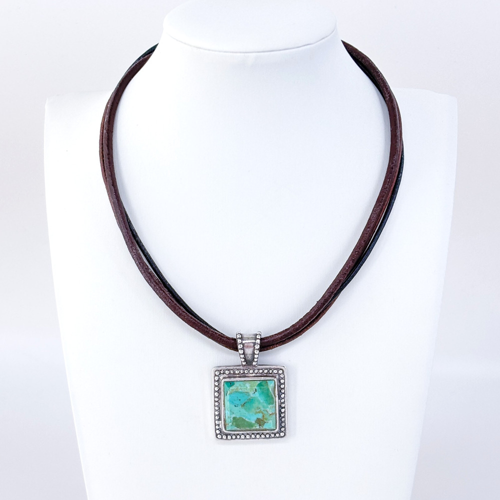 Estate Sterling Silver Leather Cord Composite Turquoise Pendant Necklace 15.5"
